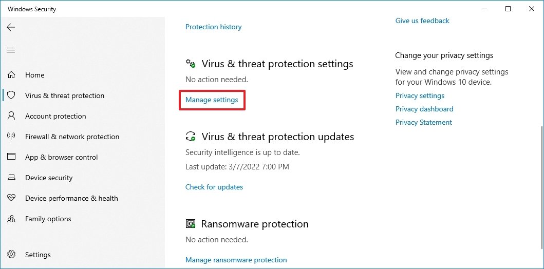 Microsoft Defender manage settings