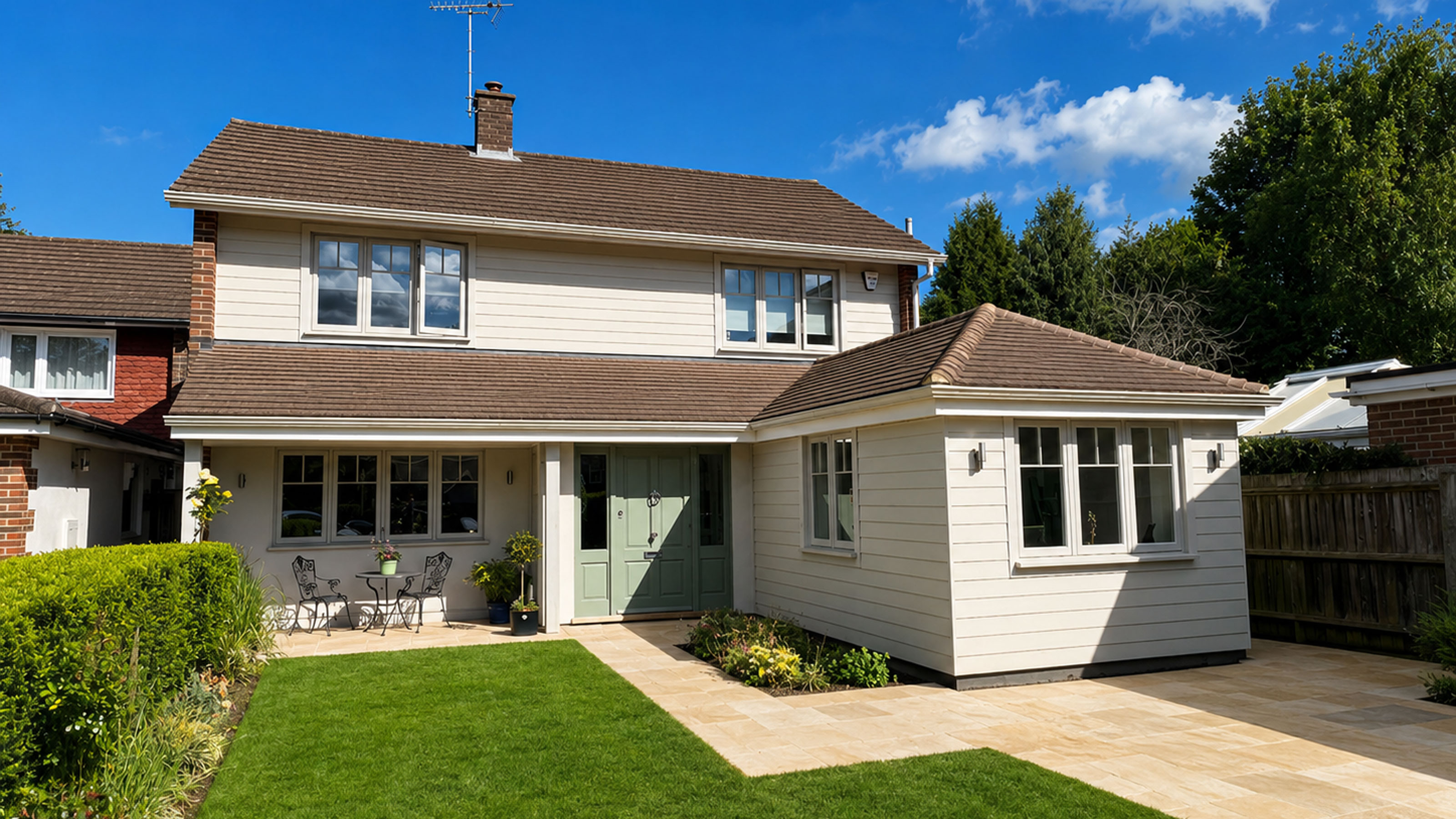New England style house with weatherboarding and garage conversion