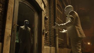 Mr Knight looks at his own reflection in Marvel Studios' Moon Knight