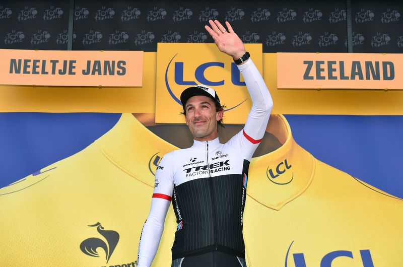 Fabian Cancellara (Trek) on the podium to collect yellow