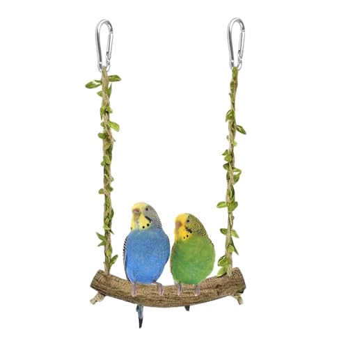 Hiwzitar Natural Wood Bird Swing Perch With Decorative Leaves - 7.1" Durable Bird Stand Platform Toy for Cage, Hanging Budgie Parakeet Hammock Accessories for Lovebirds, Cockatiels, Conures, Finches