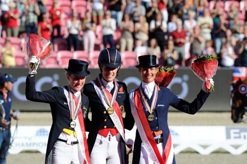 The podium of the European dressage freestyle, with Charlotte Dujardin in gold