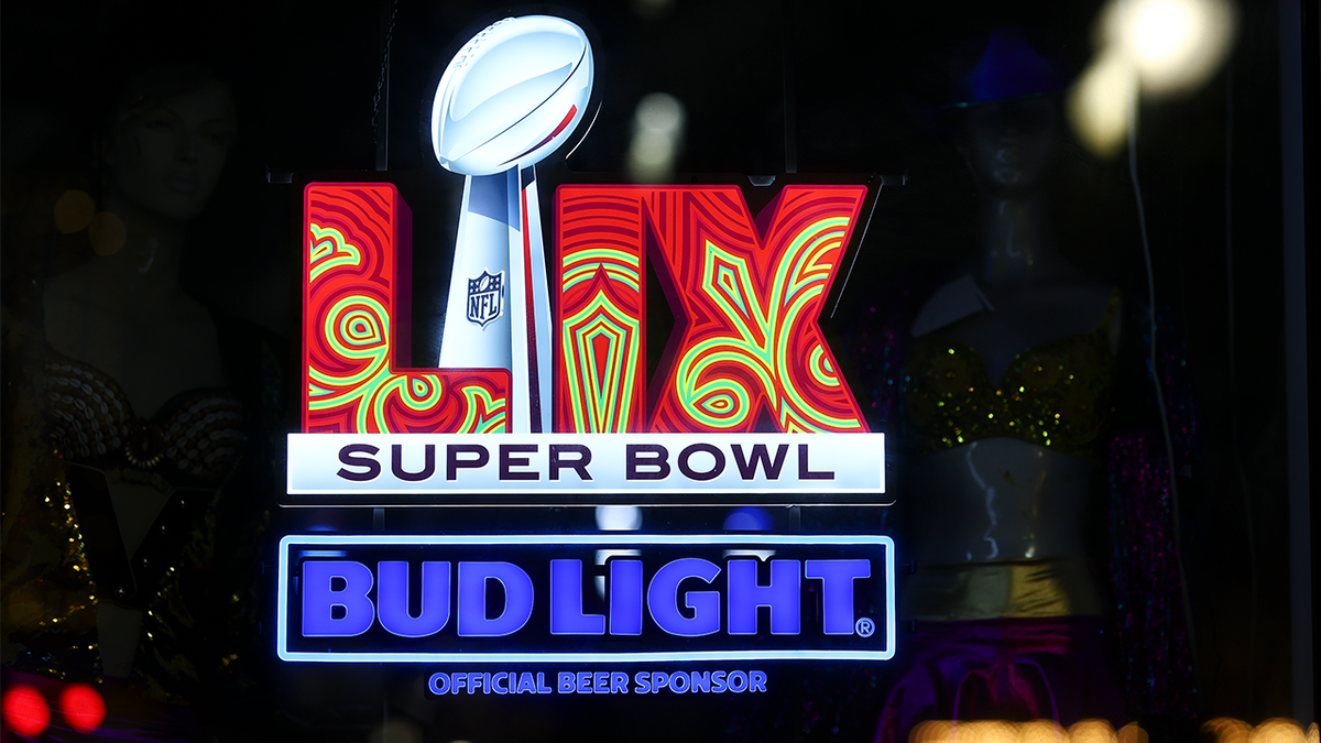 The Super Bowl 59 logo on a neon Bud Light promotional display in the French Quarter on December 14, 2024 in New Orleans, Louisiana. 