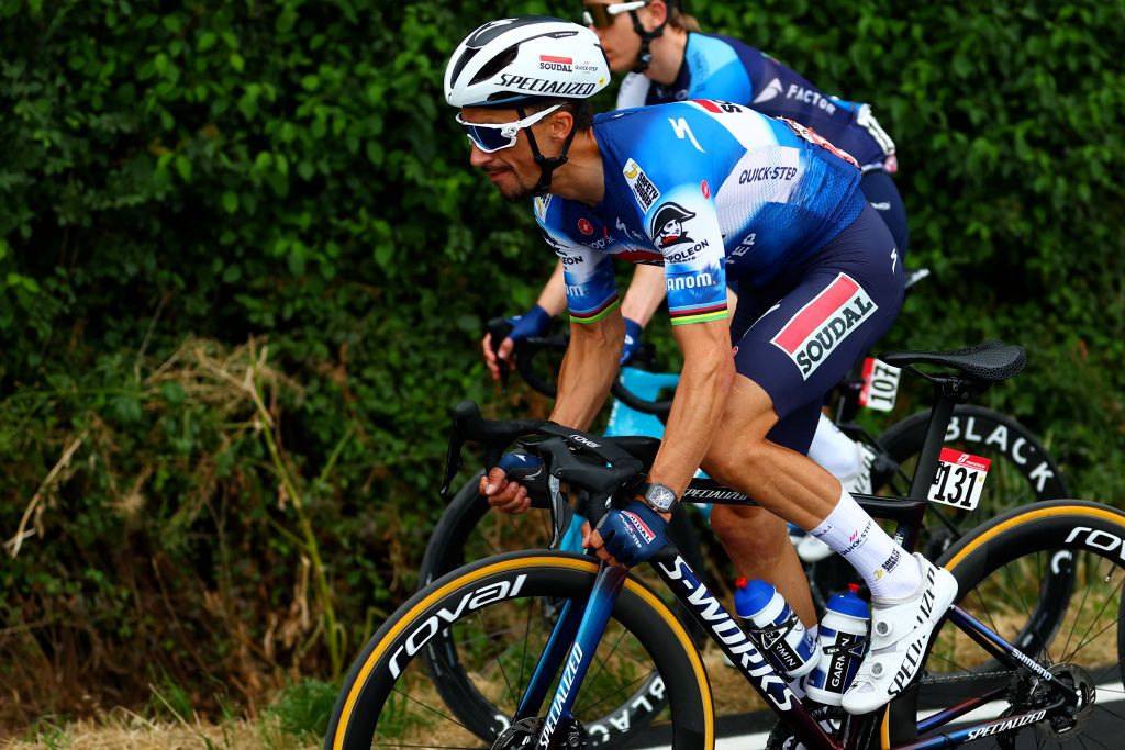 Team Soudal-Quick Step's French rider Julian Alaphilippe rides during the 13th stage of the 107th Giro d'Italia cycling race, 179km between Riccione and Cento, on May 17, 2024. (Photo by Luca Bettini / AFP)