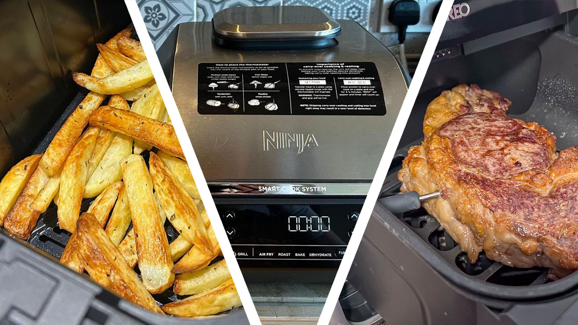 Split image of fries cooked in air fryer, front view of Ninja air fryer, and steak being cooked in air fryer with heat probe