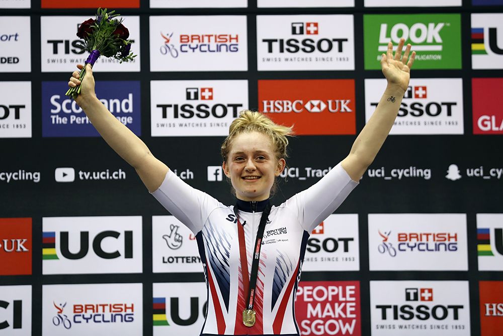 Britain's Emily Kay celebrates winning the Women's Omnium