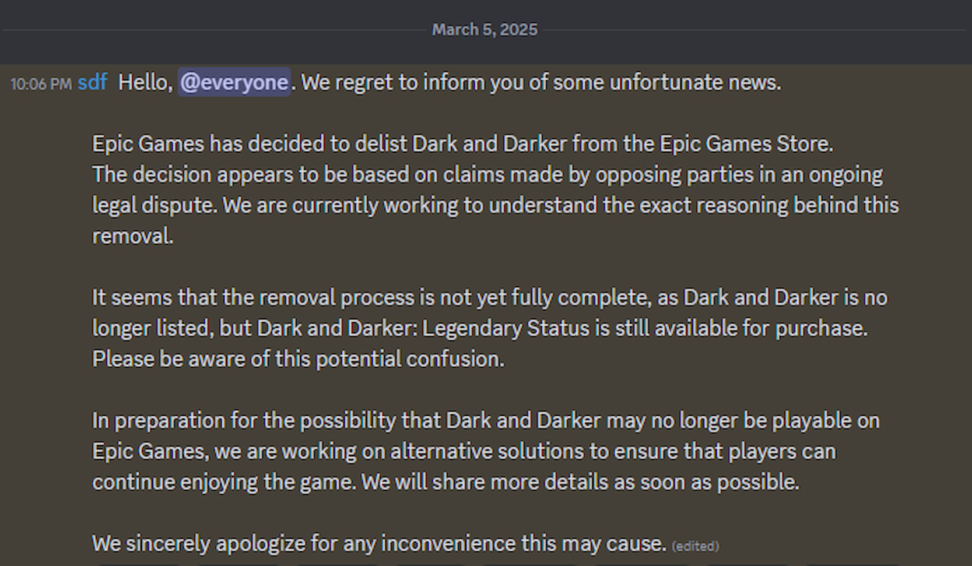 Epic Game ha decidido eliminar oscuro y oscuro del próximo libro. La decisión se basa en las solicitudes solicitadas realizadas por las partes asociadas con una contención regularmente. Ahora trabajamos para comprender los hechos de pensar detrás de esto. Parece que los procedimientos de eliminación no son completos, oscuros, más oscuros y más oscuros: todavía en la compra. Tenga en cuenta esta confusión.