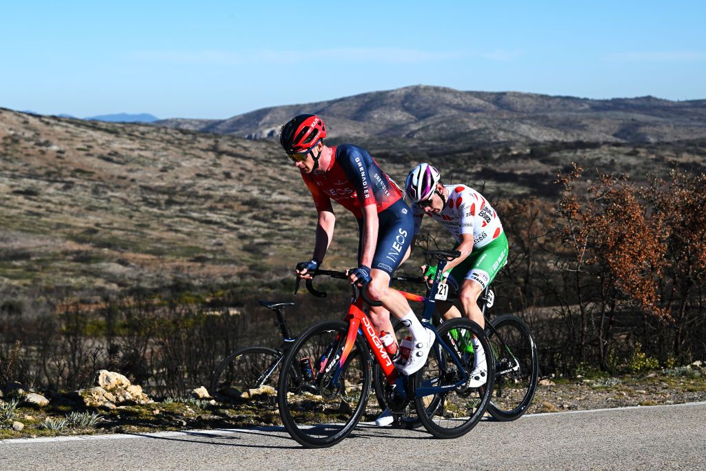 ALTURA SPAIN FEBRUARY 04 LR Thymen Arensman of The Netherlands and Team INEOS Grenadiers and Samuele Zoccarato of Italy and Team Green Project Bardiani CSF Faizan Polka dot Mountain Jersey compete in the breakaway during the 74th Volta a la Comunitat Valenciana 2023 Stage 4 a 1816km stage from Burriana to Alto de la Cueva Santa Altura 832m VCV2023 VoltaValenciana on February 04 2023 in Altura Spain Photo by Dario BelingheriGetty Images