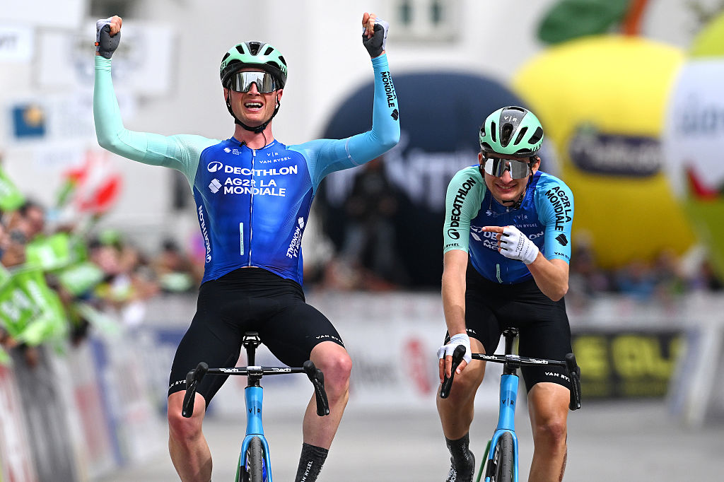 LIENZ, AUSTRIA - APRIL 25: a(LR) Nicolas Prothomme of France and Decathlon AG2R La Mondiale Team celebrates at finish line as stage winner ahead of his teammate Paul Seixas of France during the 45th Tour of the Alps 2025, Stage 5 a 112.7km stage from Lienz to Lienz on April 25, 2025 in Lienz, Austria. (Photo by Tim de Waele/Getty Images)