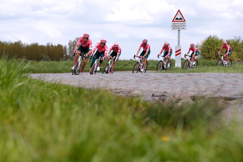 ROUBAIX FRANCE APRIL 14 Owain Doull of United Kingdom Jens Keukeleire of Belgium Sebastian Langeveld of Netherlands Lukasz Wisniowski of Poland Jonas Rutsch of Germany Thomas Scully of New Zealand Stefan Bissegger of Switzerland and Team EF Education Easypost with teammates during the 119th ParisRoubaix 2022 Training ParisRoubaix WorldTour on April 14 2022 in Roubaix France Photo by Bas CzerwinskiGetty Images