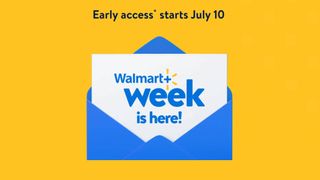 Walmart Plus Week blue envelope graphic against yellow background