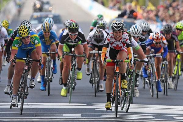 Canada's Joelle Numainville takes the bunch sprint for 3rd place at 2012 Tour of Flanders