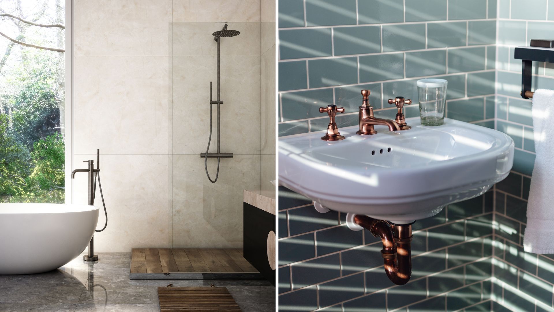 two bathroom images to show outdated interior design trends 2024