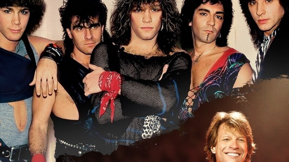 A line-up of the band Bon Jovi from the late 1980s over the top of a more recent image of lead singer Jon Bon Jovi 