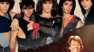 A line-up of the band Bon Jovi from the late 1980s over the top of a more recent image of lead singer Jon Bon Jovi 
