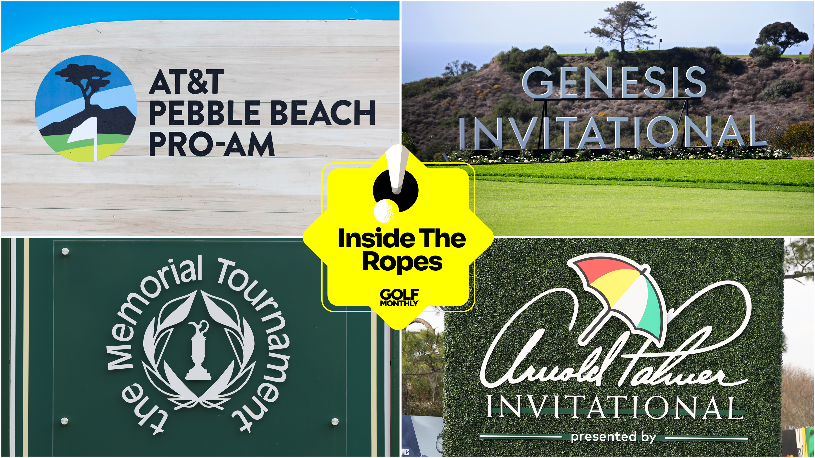 Signs of four PGA Tour Signature Events - (top left) AT&amp;T Pebble Beach Pro-Am, (top right) Genesis Invitational, (bottom left) the Memorial Tournament and (bottom right) the Arnold Palmer Invitational