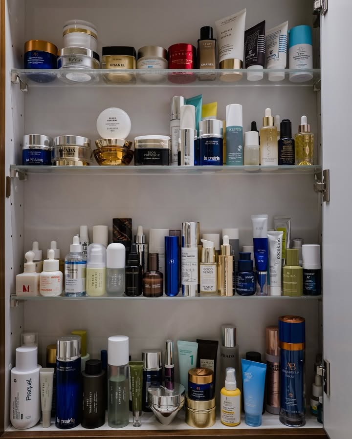 Image of a medicine cabinet filled with skincare.
