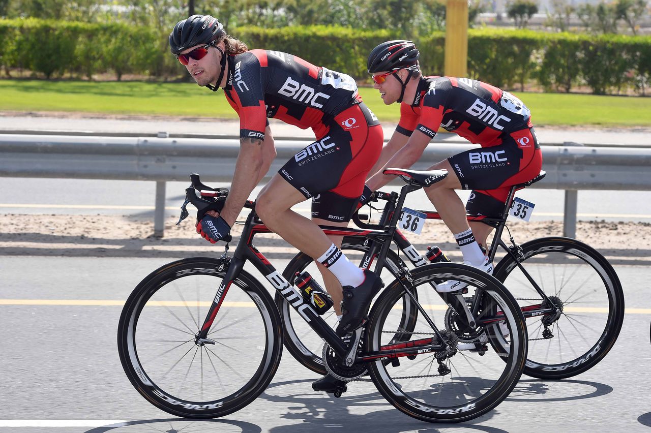 Daniel Oss and Marcus Burghardt lead the peloton
