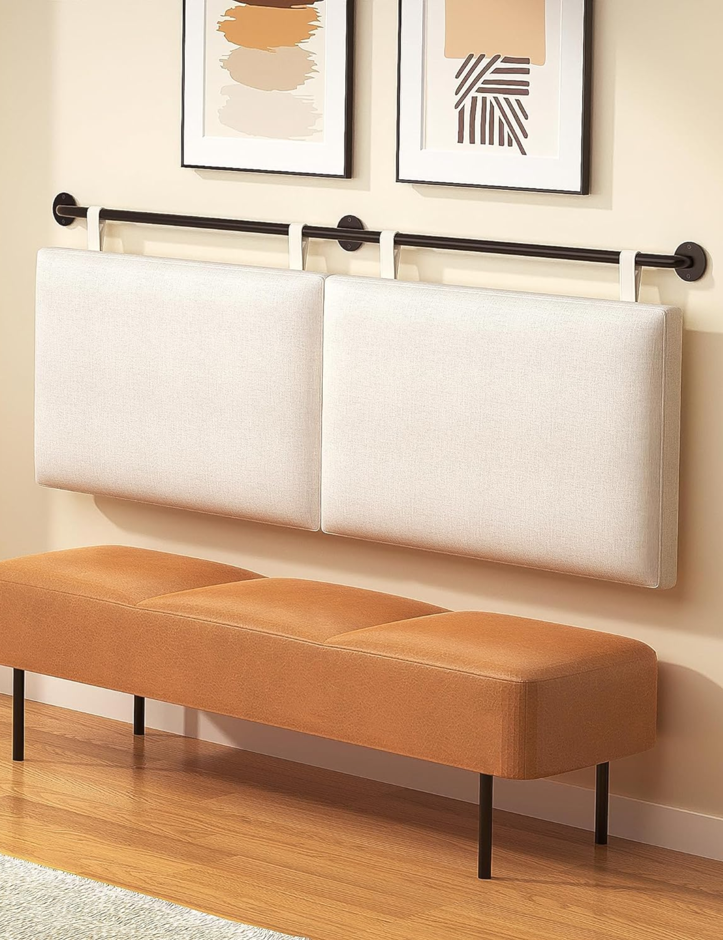 Hanging headboard styled above an entryway bench