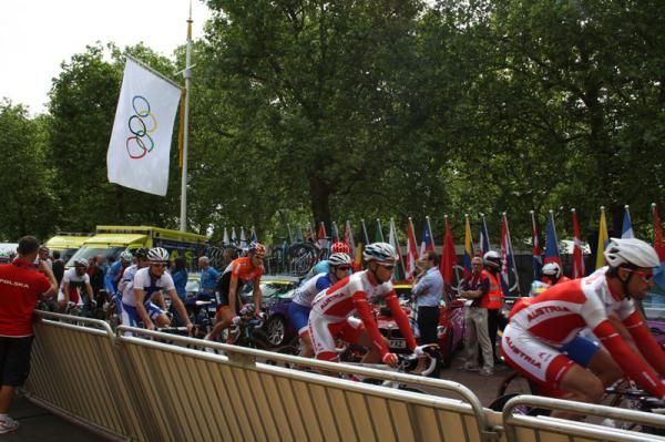 The peloton ride over the start line