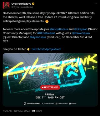 On December 5th, the same day Cyberpunk 2077: Ultimate Edition hits the shelves, we’ll release a free Update 2.1 introducing new and hotly anticipated gameplay elements. 🔥 To learn more about the update join @AlicjaKozera and @Lilayaah (Senior Community Managers) for #REDstreams with guests: @PaweSasko (Quest Director) and @Ayanosaur (Producer), on December 1st, 4 PM CET. See you on Twitch 👉 https://twitch.tv/cdprojektred