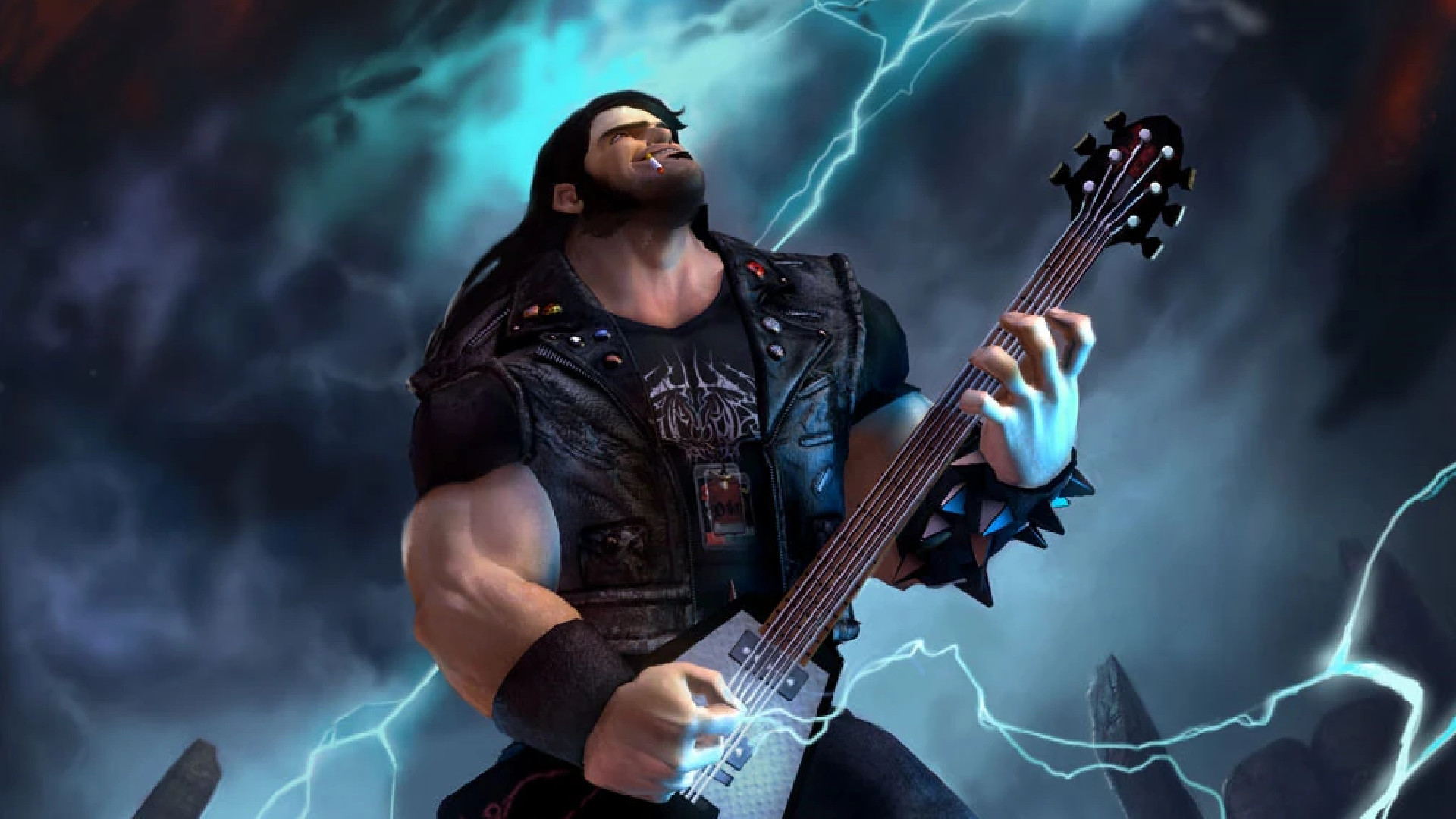 Brutal Legend protagonist Eddie shreds on his guitar as lightning strikes in the background