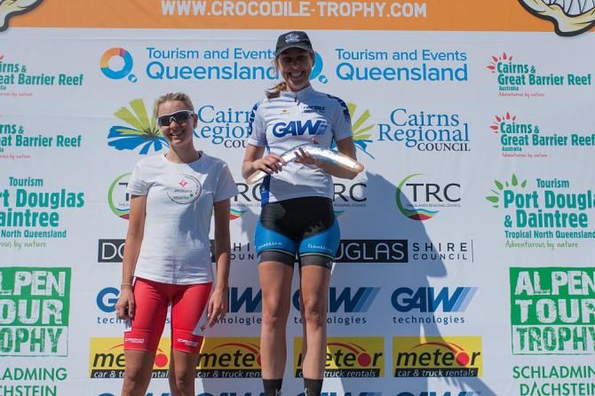 Elite Women's podium of Stage 1 (l-r): Jasmin McMillan, Imogen Smith