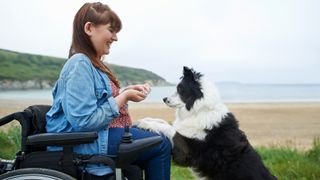 Woman in wheelchair handing her dog a treat