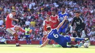 Granit Xhaka scores Arsenal's 3rd goal during the Premier League match between Arsenal FC and Leicester City at Emirates Stadium