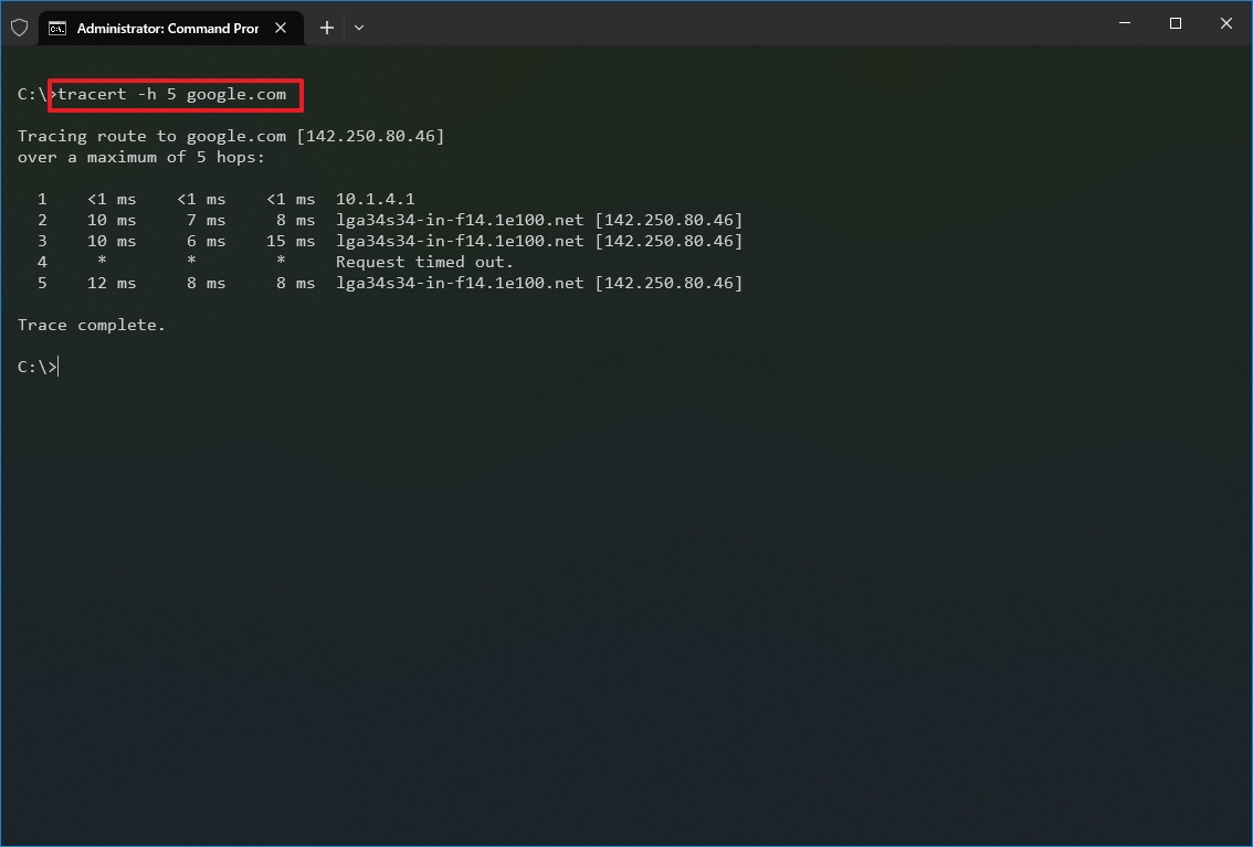 Tracert command with hop count option