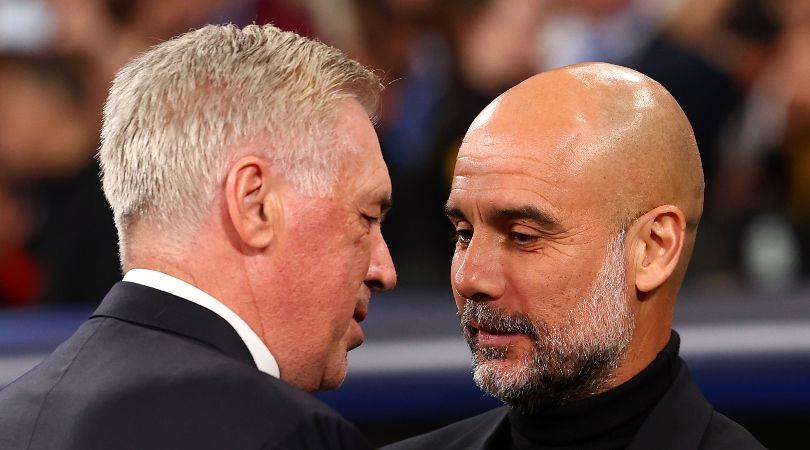 Carlo Ancelotti and Pep Guardiola chat ahead of a Champions League clash between Real Madrid and Manchester City in April 2024.