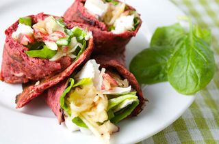 Beetroot and buckwheat wrap with goat's cheese and apple