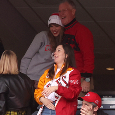  Brittany Mahomes looks on while Taylor Swift hugs Scott Kingsley Swift and Alana Haim cheers while the Kansas City Chiefs and the New England Patriots play