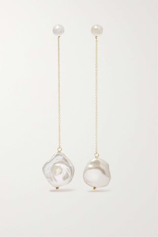 drop pearl earrings with yellow gold chain