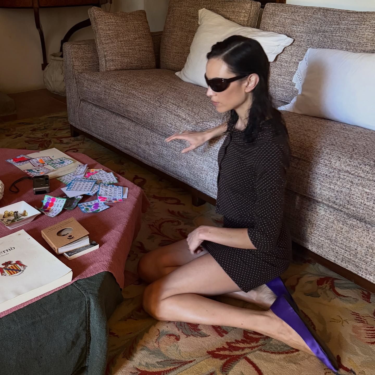 Alexa Chung wearing purple shoes