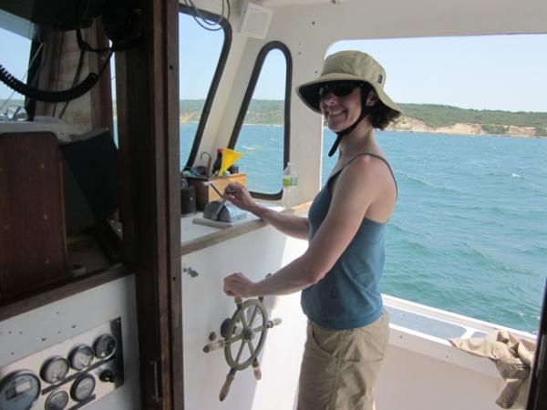 Mary McConneloug at the helm