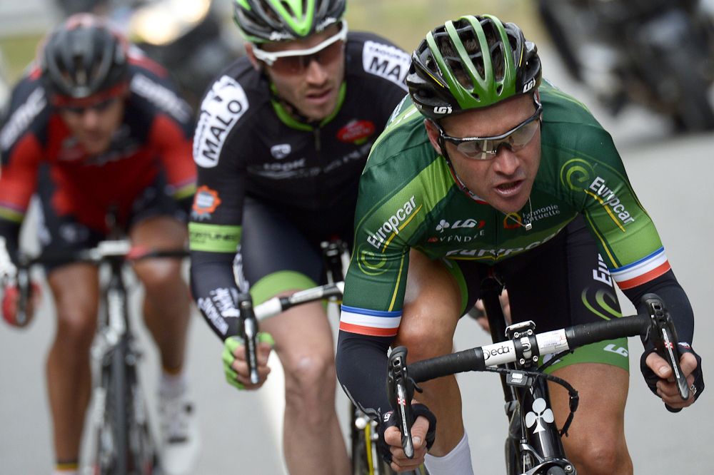 France's Thomas Voeckler, France's Florian Vachon and Belgium's Philippe Gilbert ride in a breakaway during the third stage.