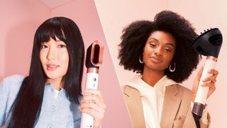 Two women, one with straight black hair and another with coily hair, holding the new Dyson Airwrap Co-anda 2x in pink