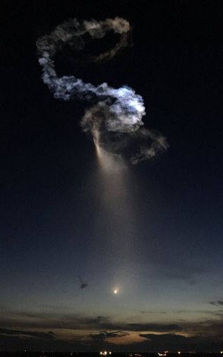 Retired NASA astronaut Nicole Stott captured this photo of SpaceX's Falcon 9 rocket as it launched a used Dragon cargo spacecraft to the International Space Station on June 29, 2018.