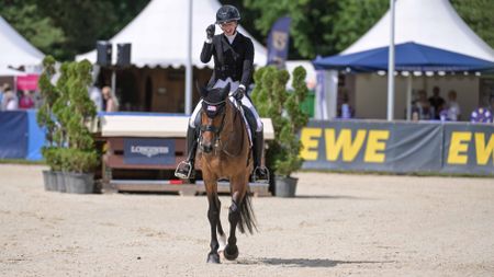 Pictured US rider Hallie Coon and Kapriccio after taking the lead in the CCI5* Luhm&uuml;hlen Horse Trials dressage.