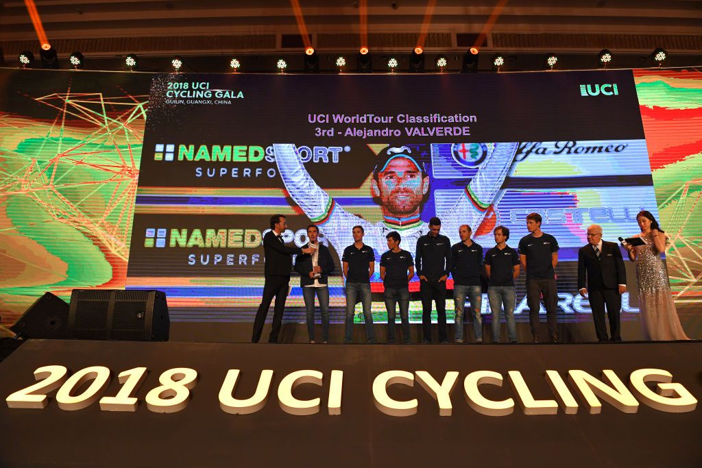 Alejandro Valverde was third in the 2018 WorldTour standings. In his absence his Movistar teammates accepted the award