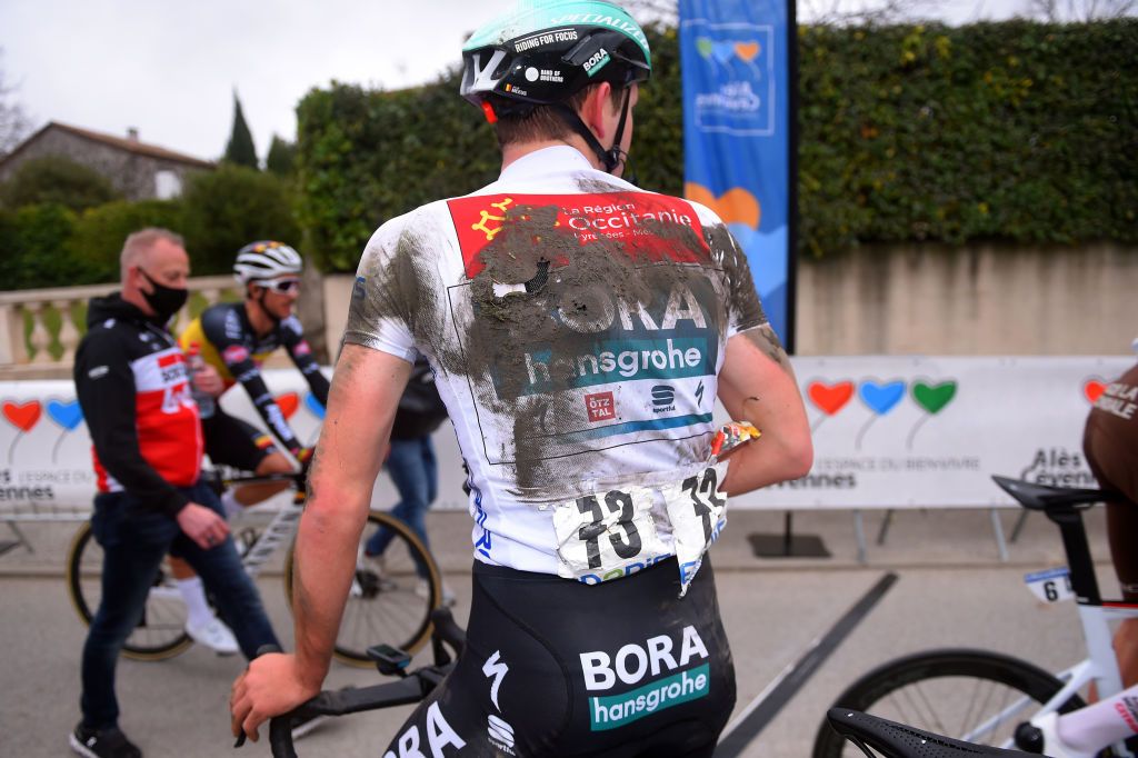 LA CALMETTE FRANCE FEBRUARY 04 Arrival Jordi Meeus of Belgium and Team Bora Hansgrohe White Best Young Jersey during the 51st toile de Bessges Tour du Gard 2021 Stage 2 a 154km stage from SaintGenis to La Calmette Crash Injury Mud EDB2020 on February 04 2021 in La Calmette France Photo by Luc ClaessenGetty Images