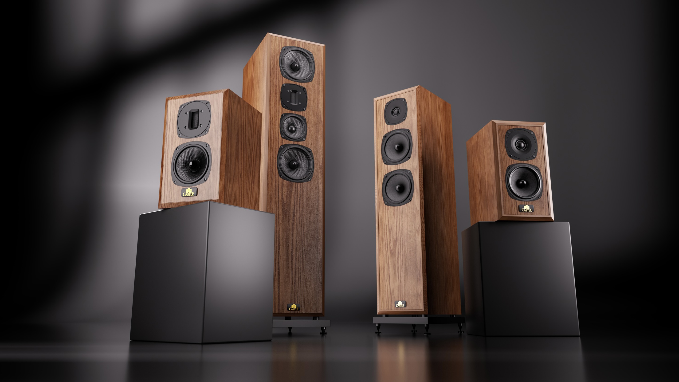 Castle Walmer Series speakers on grey background featuring pairs of Castle Walmer 1 and 2