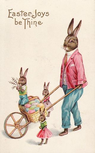 Doctor's warning: Don't eat this Easter Hare's colorful eggs without butter and salt. (postcard c. 1915)