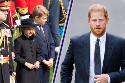 Princess Charlotte and Prince George split layout with Prince Harry