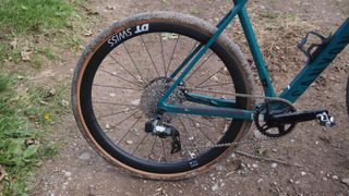 The rear wheel end of a gravel bike on a hard packed trail