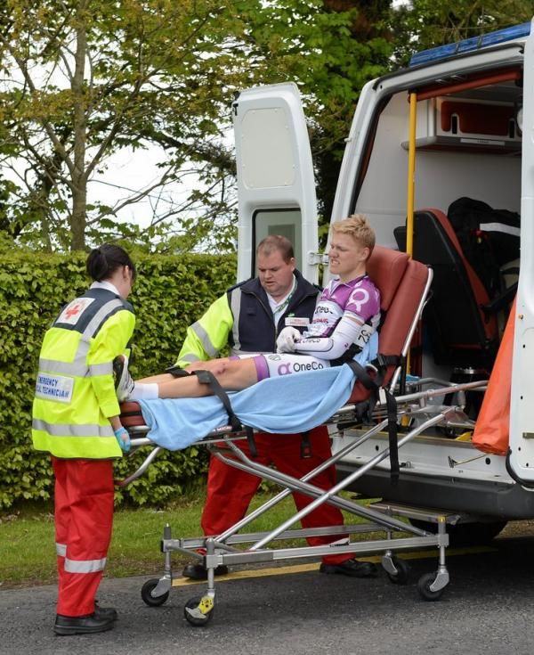 Christian Hannestad, OneCo - Mesterhus, is lifted into an ambulance following a crash on the approach to Prosperous, Co. Kildare