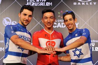 Guy Sagiv and Roy Goldstein with Israel Cycling Academy's new arrival Ahmet Orken, the Turkish time trial champion.