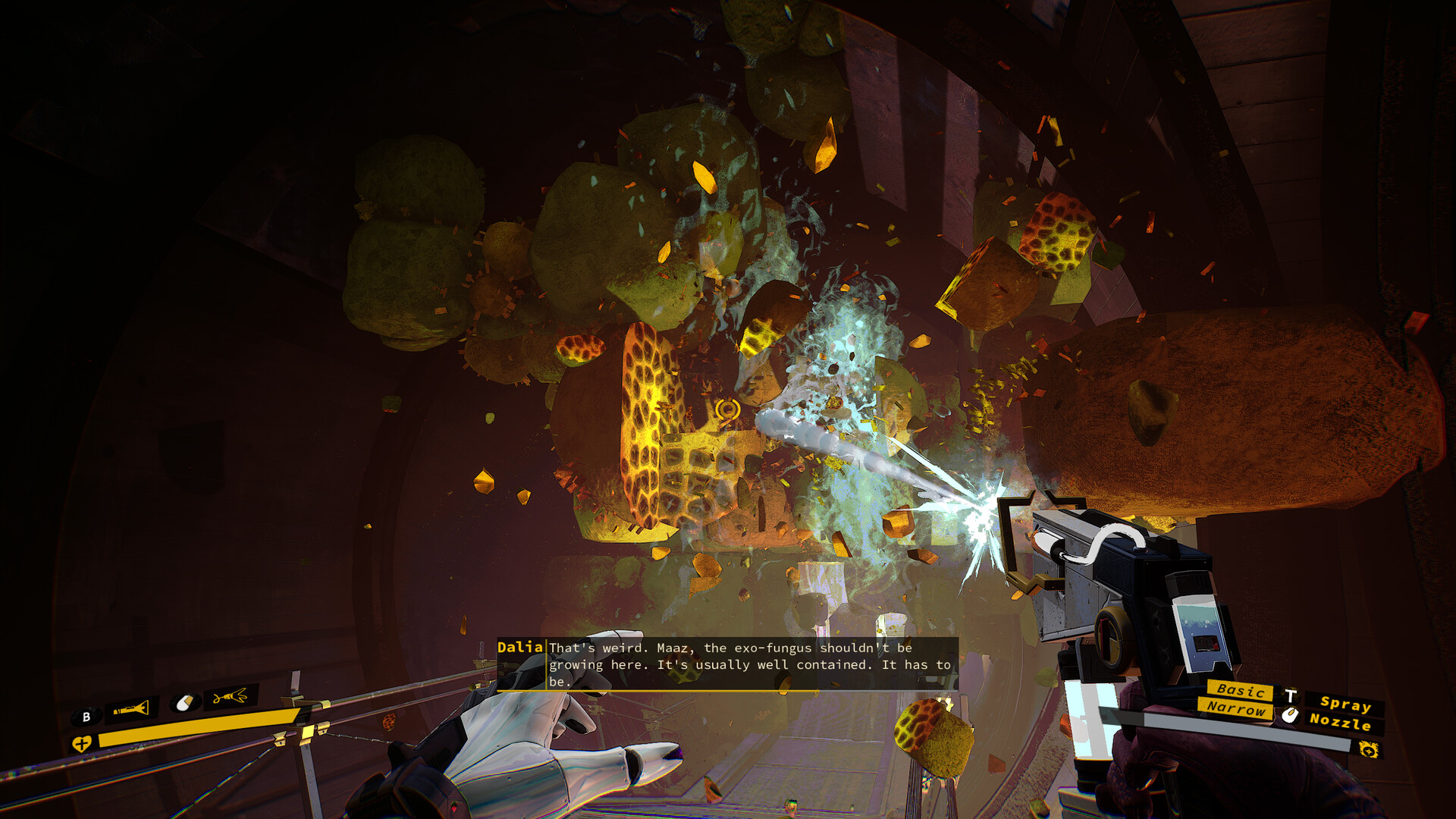 Dalia spraying chunks of fungus in a corridor in Ambrosia Sky.