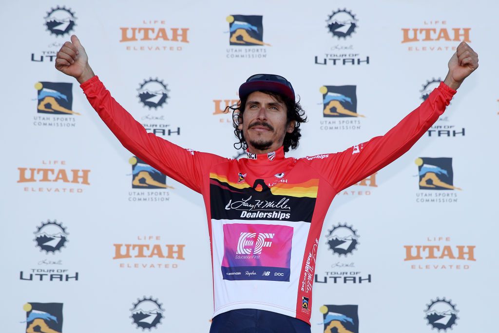Lachlan Morton in the jersey for most aggressive after winning stage 5 at the Tour of Utah